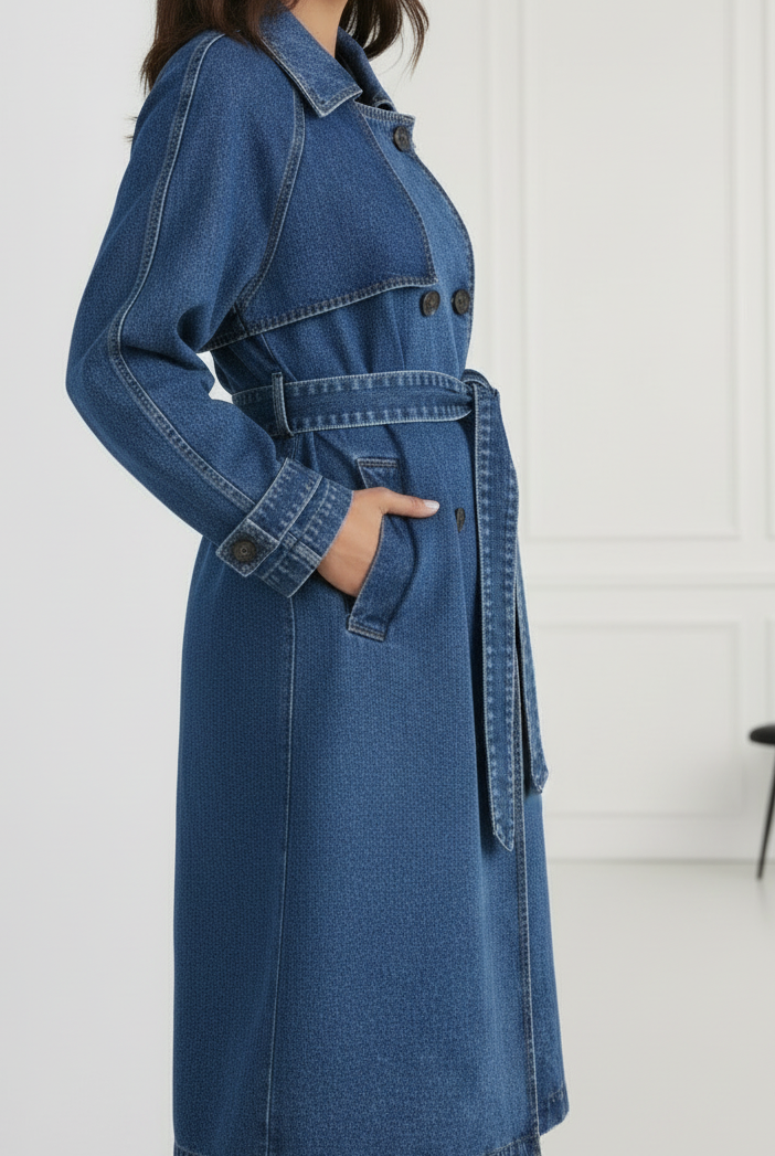 Blue Elena longline denim trench coat with belt from Lumina Vancouver, showcasing a stylish, casual outerwear design.