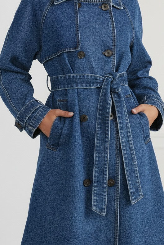 Blue Elena longline denim trench coat with belt by Lumina Vancouver, featuring a stylish, fitted silhouette and classic collar.