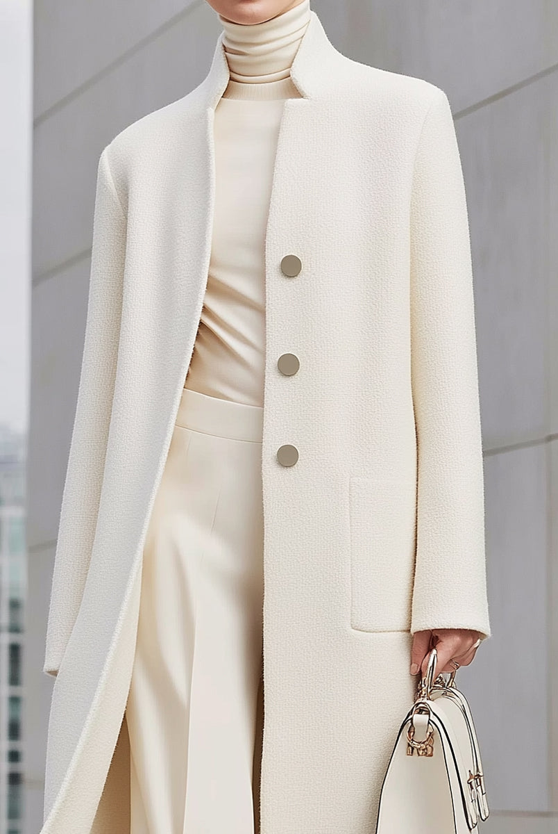 White longline wool coat by Lumina Vancouver, featuring a tailored fit and classic design, displayed on a mannequin.