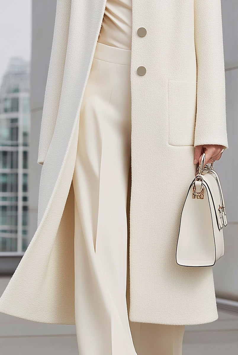 Elena wearing the Lumina Vancouver Ottilie longline wool coat in white, showcasing a stylish, cozy winter coat with a tailored fit.