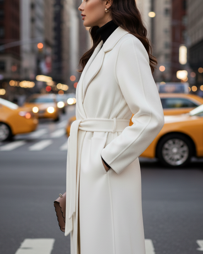White Elena Luxe Classic Belted Wrap Coat by Lumina Wear, shown on a model, featuring a stylish wrap design and belt detail.