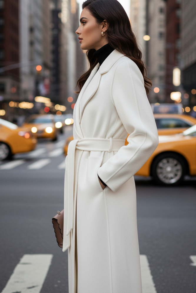 Lumina Vancouver Elena Luxe classic belted wrap coat in white, shown in XS size with a stylish belt and tailored fit.