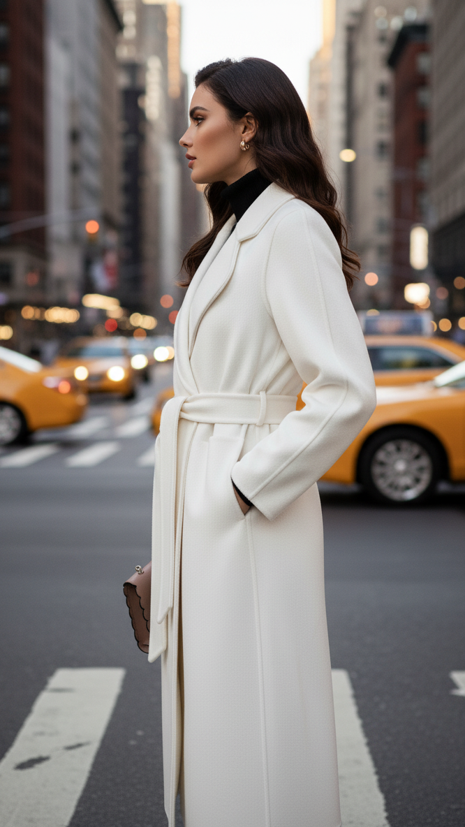 Lumina Vancouver Elena Luxe classic belted wrap coat in white, shown in XS size with a stylish belt and tailored fit.