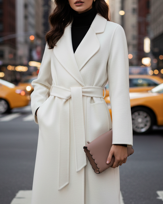 Lumina Wear Elena Luxe belted wrap coat in white, stylish classic coat with a belt, perfect for elegant winter wear.