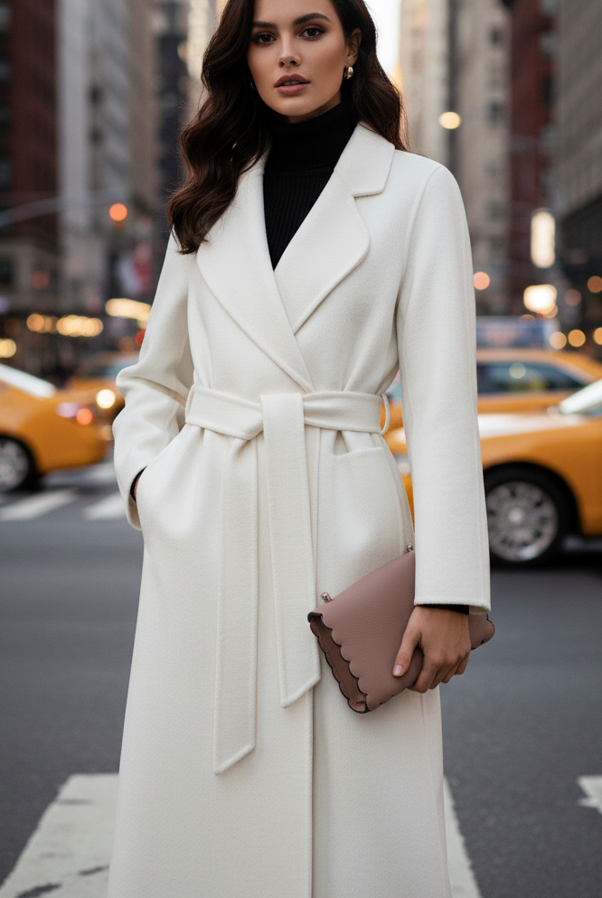 Lumina Vancouver Elena Luxe classic belted wrap coat in white, shown in XS size on a model. Stylish winter outerwear.