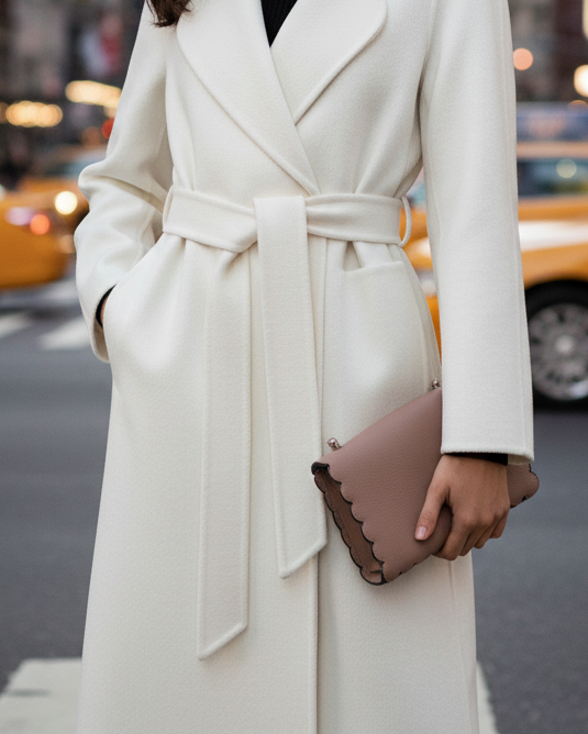 Lumina Wear Elena Luxe classic belted wrap coat in white, shown in XS size with stylish design and cozy fabric.