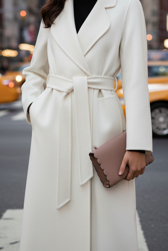 White Elena Luxe classic belted wrap coat by Lumina Vancouver, shown in size XS, featuring a stylish and elegant design.