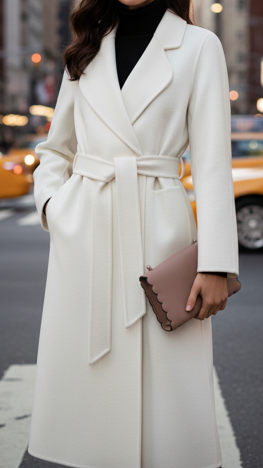 White Elena Luxe classic belted wrap coat by Lumina Vancouver, shown in size XS, featuring a stylish and elegant design.