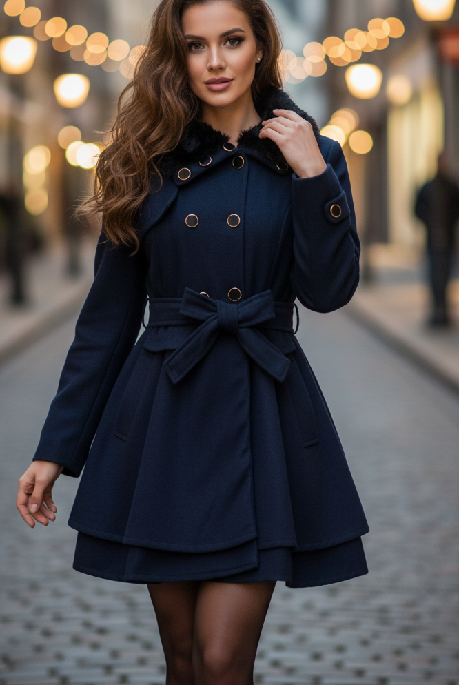 Navy blue Elena Luxe double-breasted faux fur collar coat by Lumina Vancouver, stylish warm winter outerwear for women.