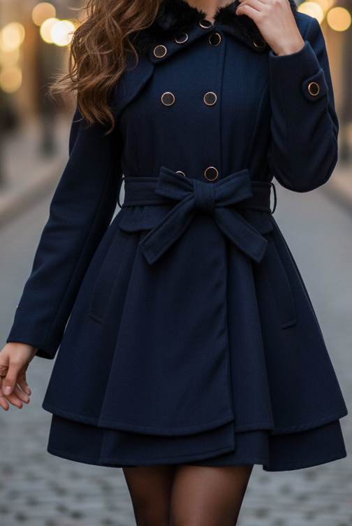 Navy blue Elena Luxe double-breasted faux fur collar coat by Lumina Vancouver, XS size, stylish winter outerwear.