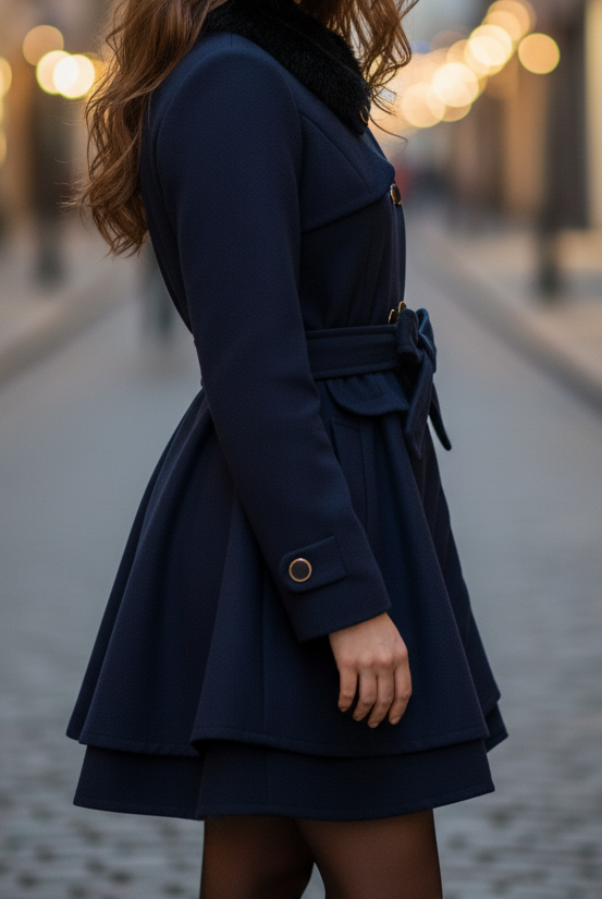 Navy blue Elena Luxe double-breasted faux fur collar coat by Lumina Vancouver, stylish winter outerwear for women.