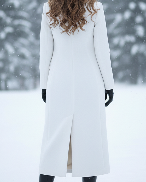White Elena Luxe double-breasted peak lapel longline coat by Lumina Wear, shown on a model with a modern, stylish fit.
