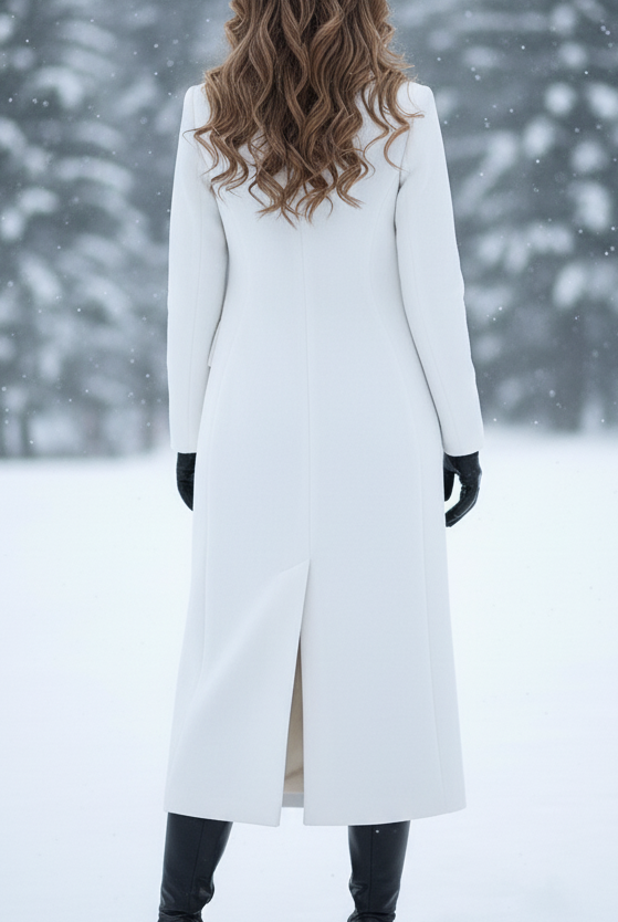 Lumina Vancouver Elena Luxe double-breasted longline coat in white, showcasing a stylish, tailored design with a smooth finish.