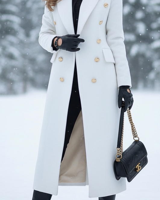 Lumina Wear Elena Luxe double-breasted longline coat with peak lapels in white, featuring a tailored fit and elegant style.