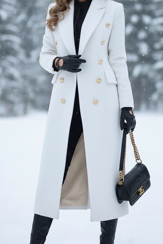 Lumina Vancouver Elena Luxe double-breasted longline coat in white, stylish and elegant with a tailored fit, worn over a casual outfit.