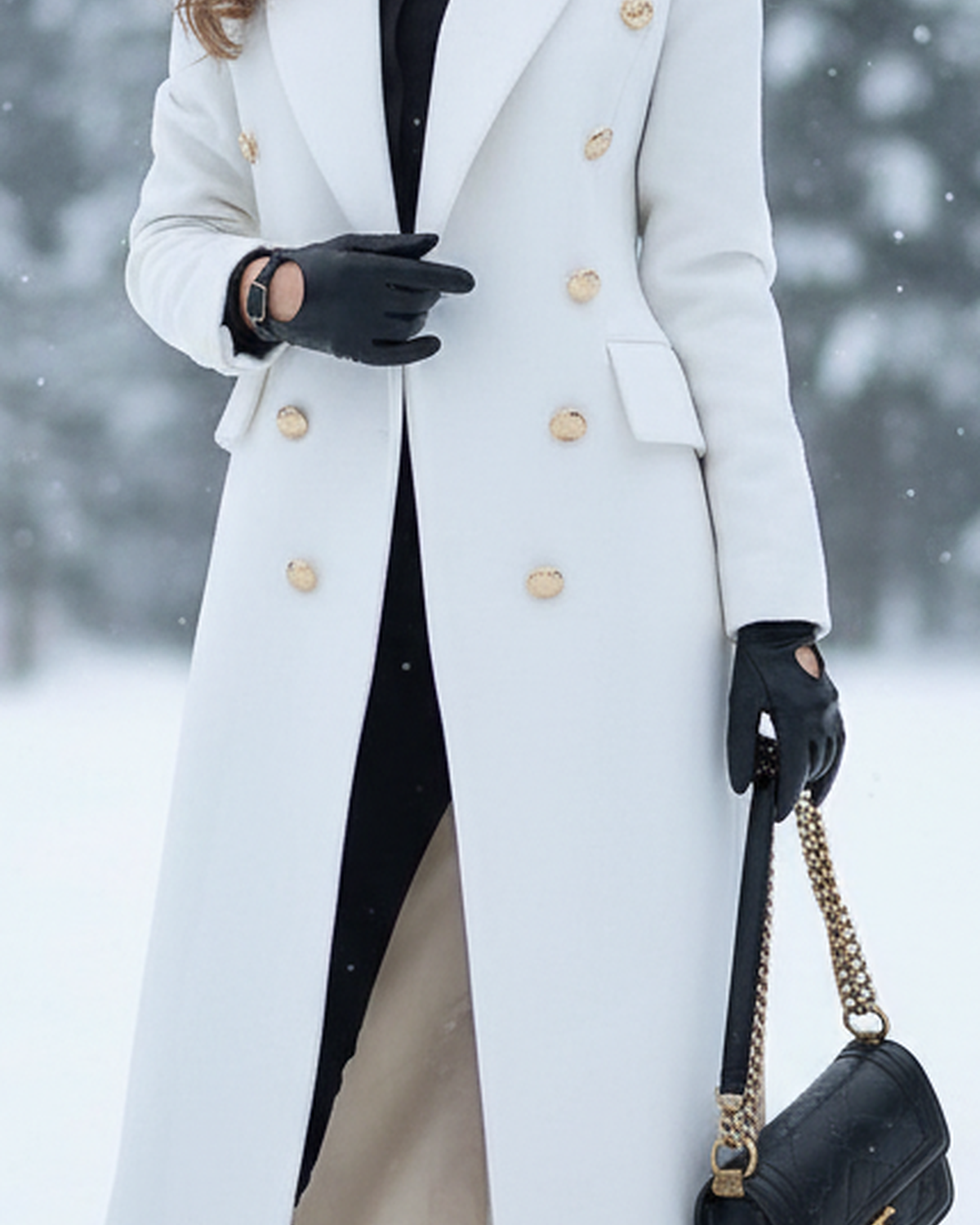 Lumina Wear Elena Luxe double-breasted longline coat with peak lapels in white, shown in XS size, stylish winter outerwear.