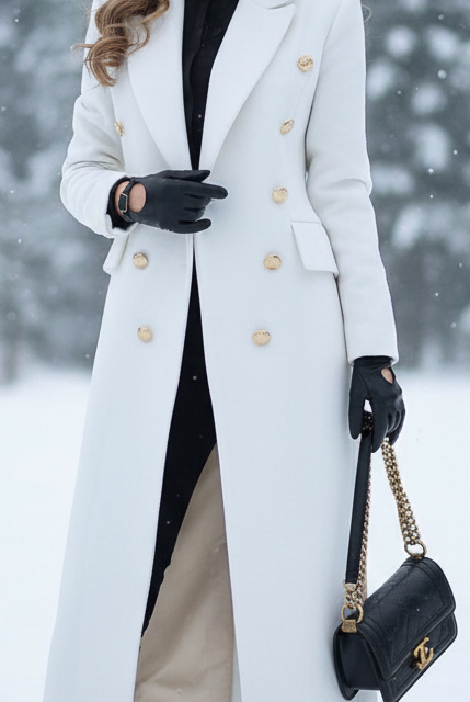 Lumina Vancouver Elena Luxe double-breasted longline coat in white, stylish and warm outerwear with classic tailoring.