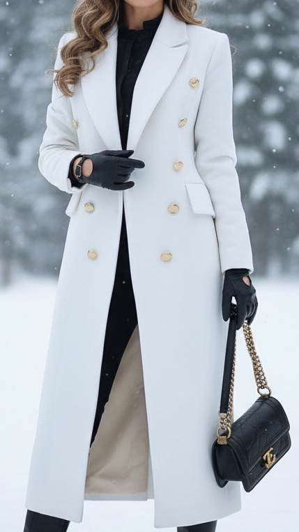 Lumina Vancouver Elena Luxe double-breasted longline coat in white, stylish and warm outerwear with classic tailoring.