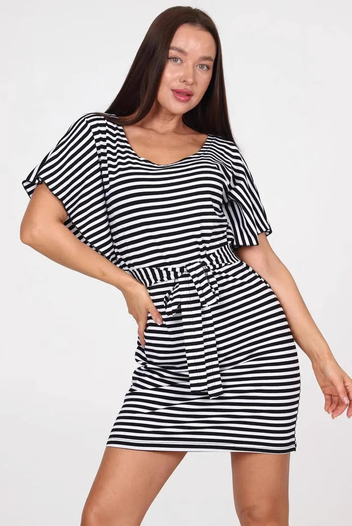 Black Elena mini dress with stripes and belt by Lumina Vancouver, featuring a fitted silhouette and stylish design.