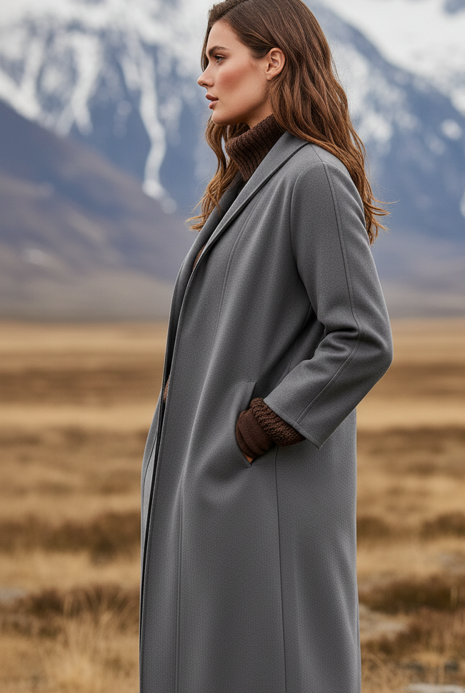 Taupe Elena Nordic minimalist high-collar longline coat by Lumina Vancouver, shown on a model with sleek design and modern style.