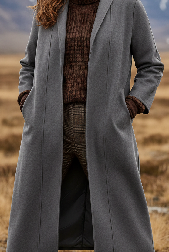 Taupe Elena Nordic minimalist high-collar longline coat by Lumina Vancouver, shown on a mannequin.
