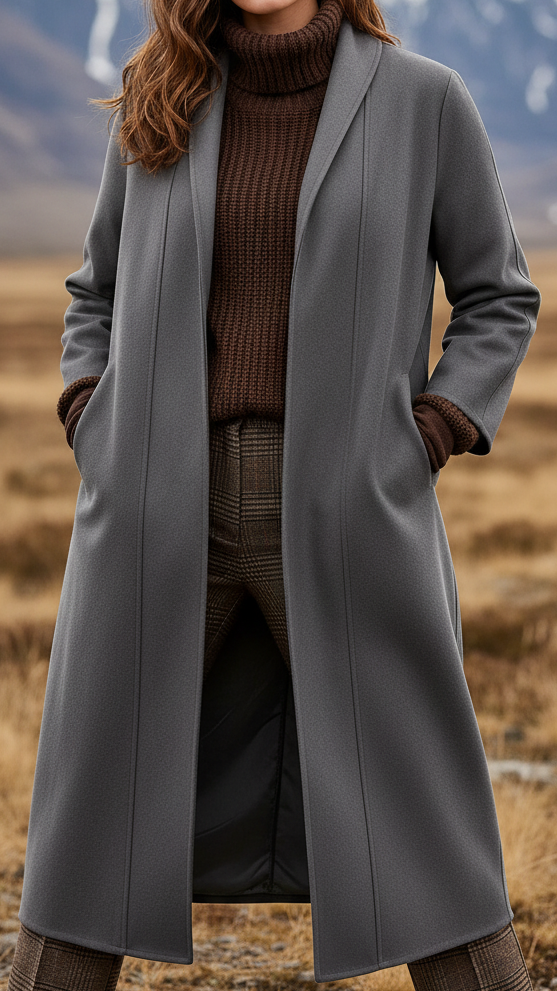 Taupe Elena Nordic minimalist high-collar longline coat by Lumina Vancouver, shown on a mannequin.