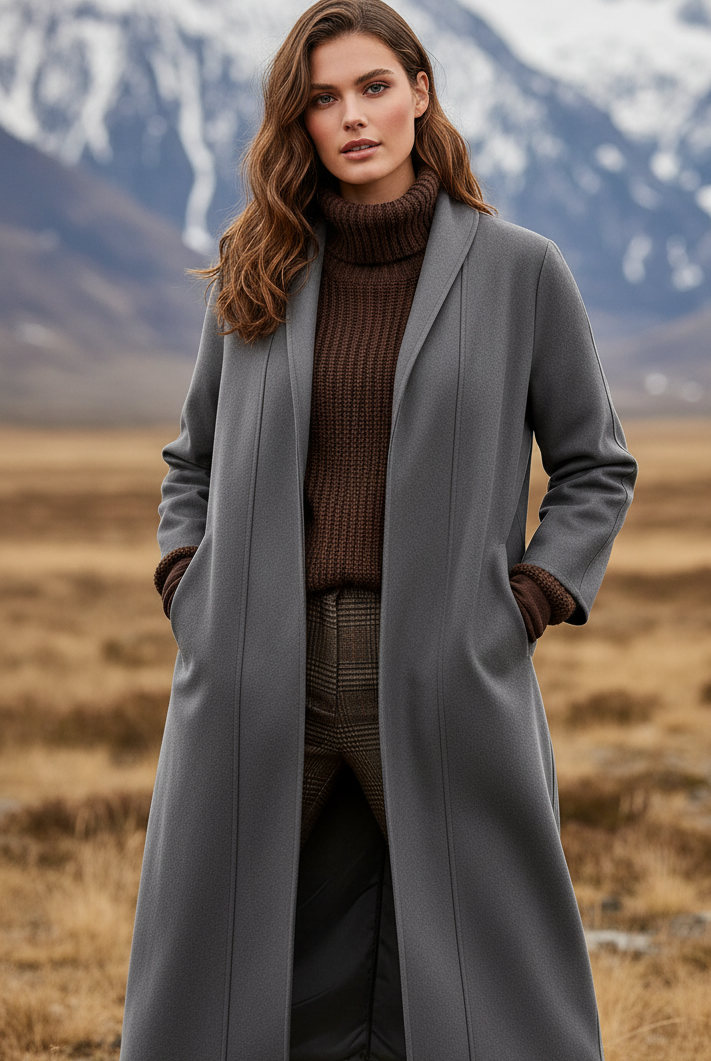 Taupe Elena Nordic minimalist high-collar longline coat by Lumina Vancouver, shown on a model, front view, stylish and elegant.