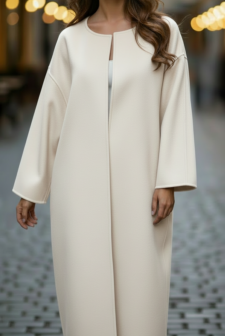 White Elena oversized longline coat by Lumina Vancouver, featuring a relaxed fit and modern style, shown on a model.