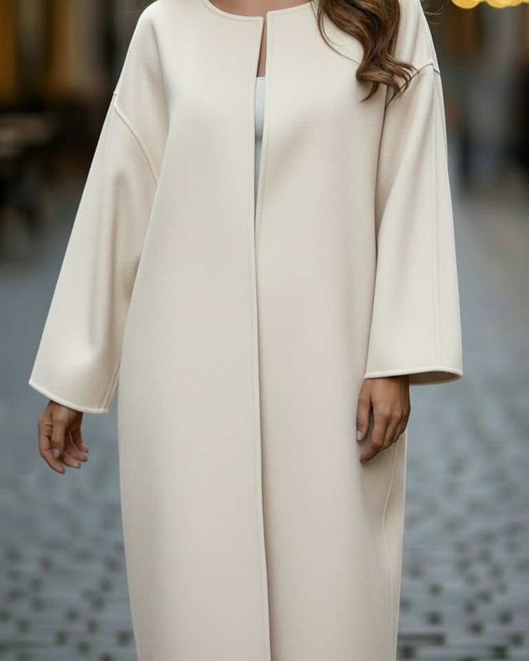 White oversized longline coat by Lumina Wear with a relaxed fit and extended hem, perfect for layered winter style.