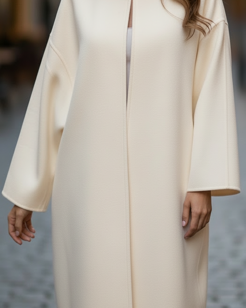 White oversized longline coat from Lumina Wear's Elena collection, featuring a modern relaxed fit and stylish design.