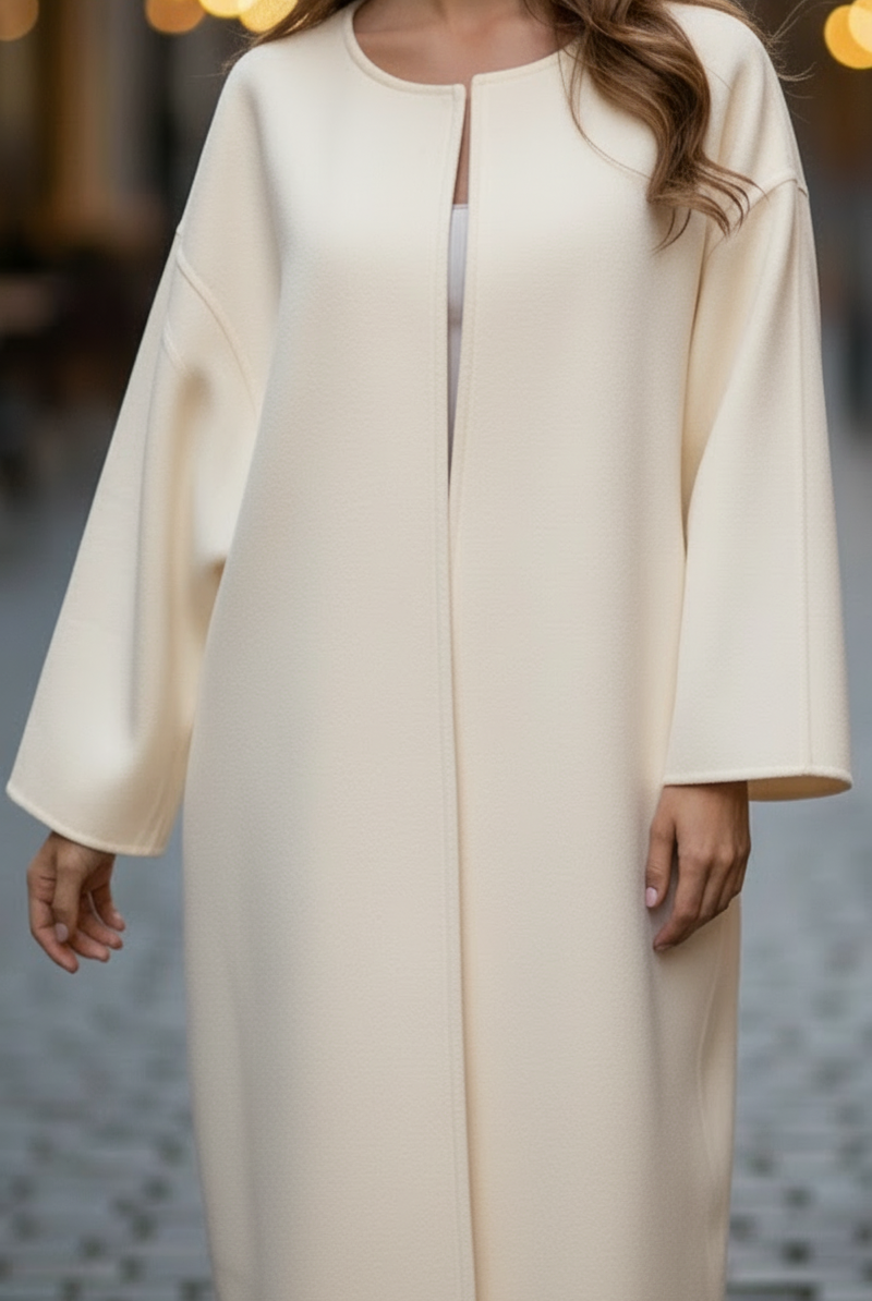 White Elena oversized longline coat by Lumina Vancouver, featuring a relaxed fit and stylish longline silhouette.