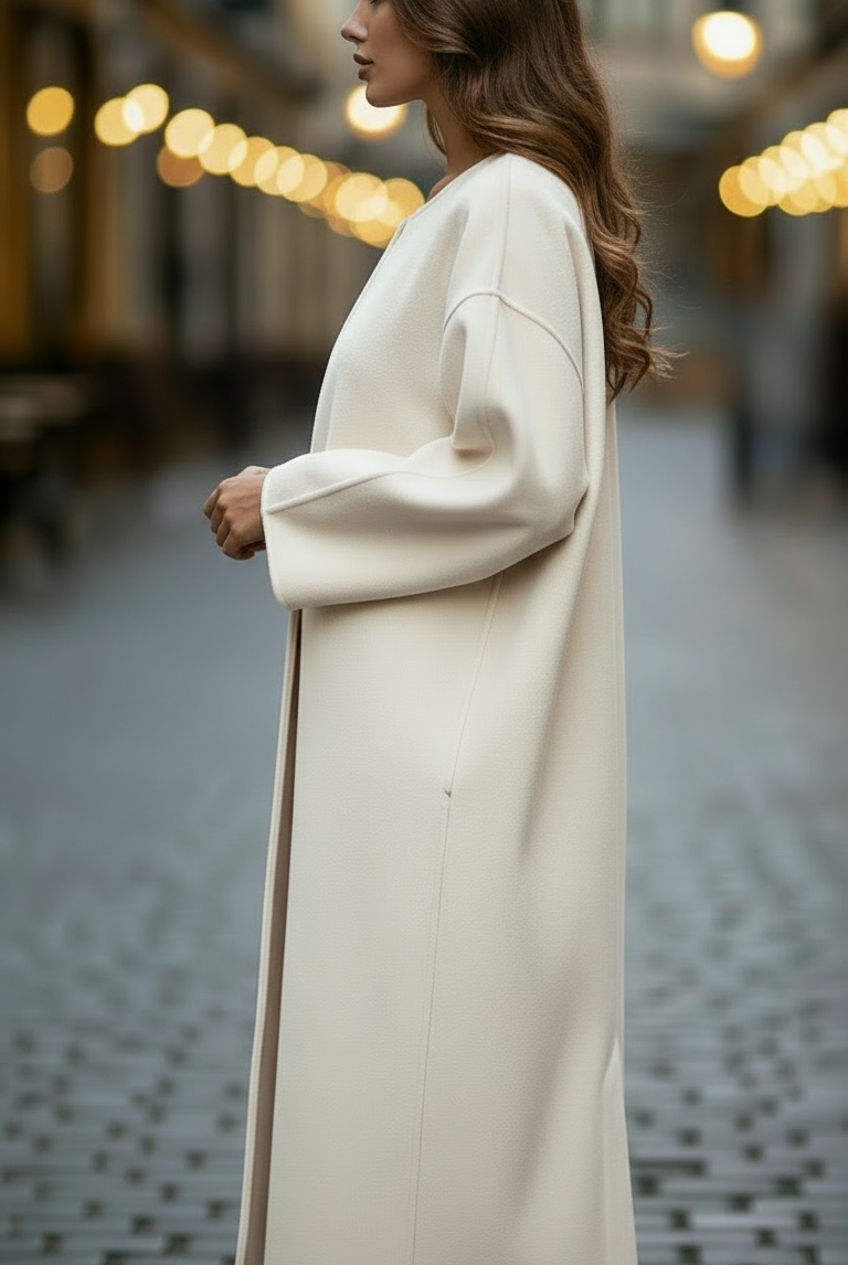 White Elena oversized longline coat by Lumina Vancouver, featuring a relaxed fit and stylish design, front view.