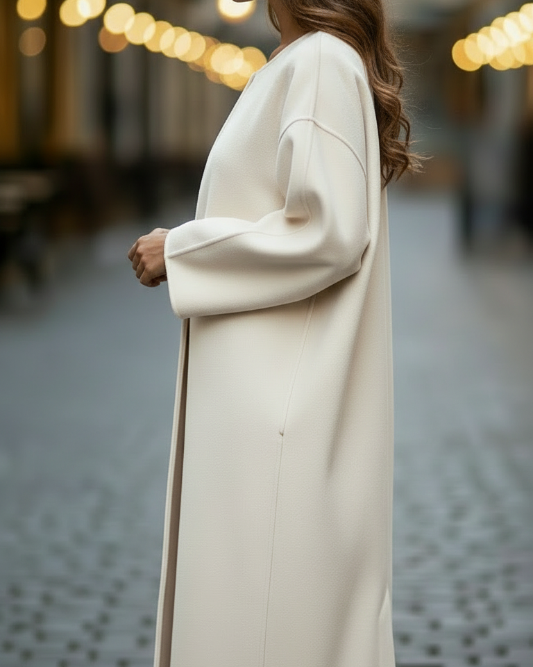 White oversized longline coat by Lumina Wear, featuring a relaxed fit and extended length for a stylish, cozy look.