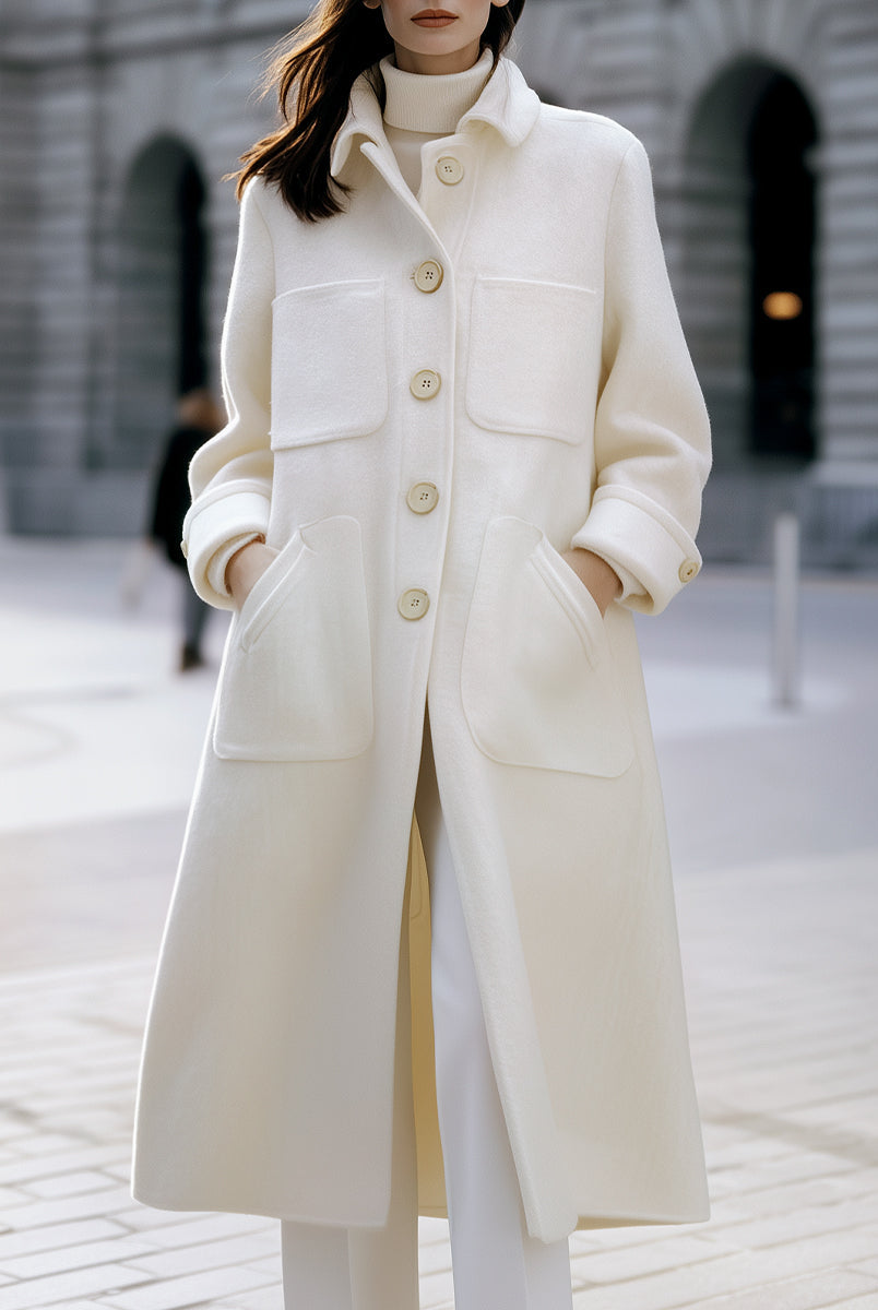 White oversized pocket coat by Lumina Vancouver, featuring a relaxed fit and stylish design, worn by Elena.