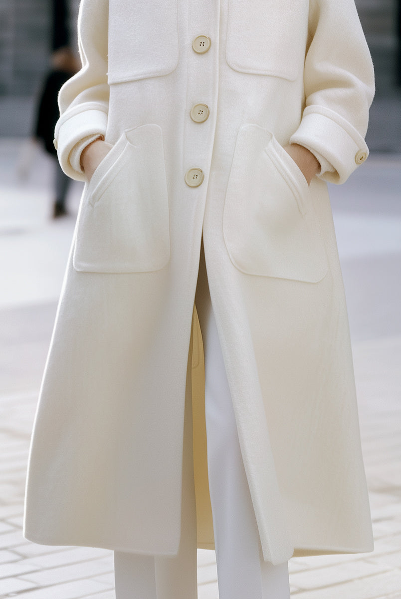 White Estelle oversized pocket coat by Lumina Vancouver, featuring a relaxed fit and large front pockets.