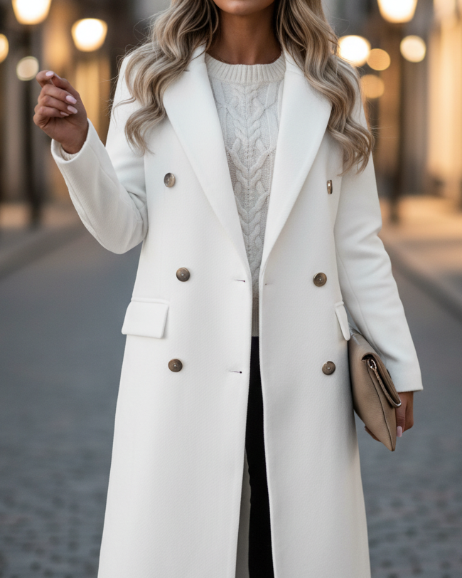 Lumina Wear Elena Prestige longline double-breasted coat in white, stylish outerwear with a tailored fit and elegant design.