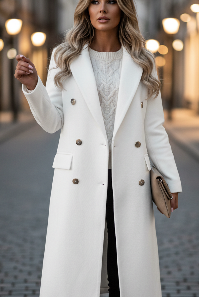 Lumina Vancouver Elena Prestige longline double-breasted white coat, XS size, stylish and warm outerwear for cold weather.