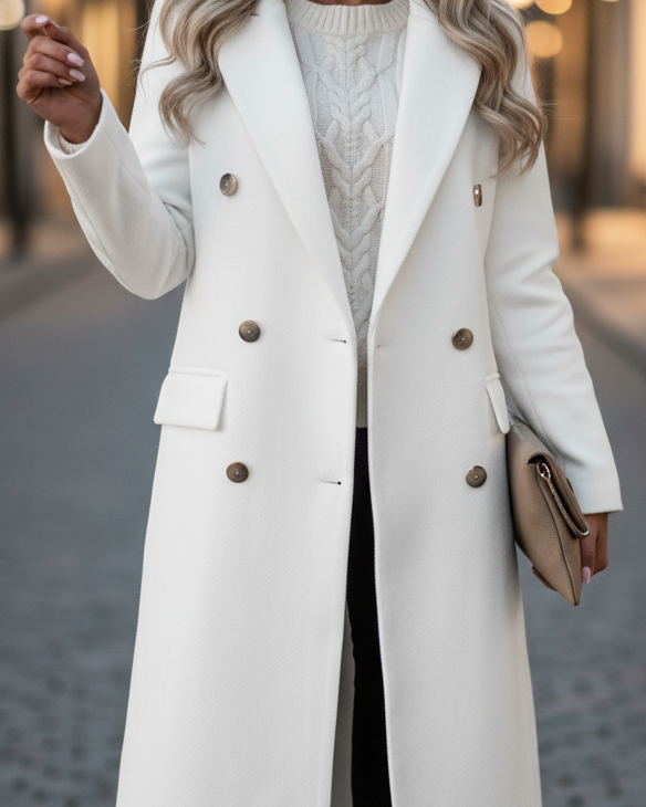 Lumina Wear Elena Prestige longline double-breasted coat in white, stylish and warm for winter, XS size, displayed on model.