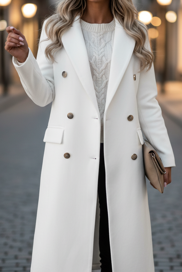 Lumina Vancouver Elena Prestige longline double-breasted white coat, XS size, stylish and warm outerwear for women.