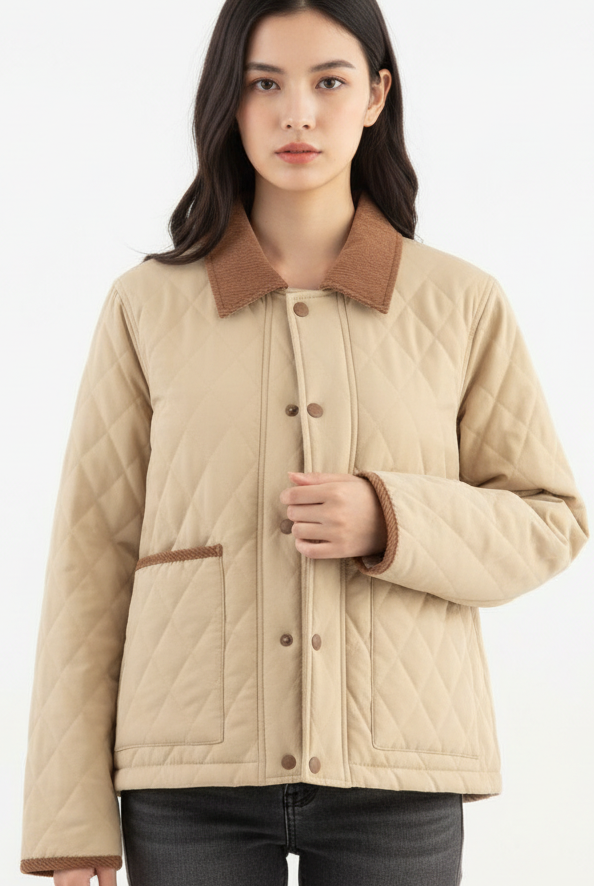 Beige quilted cropped jacket with corduroy collar by Lumina Vancouver, featuring a stylish and cozy coat design.