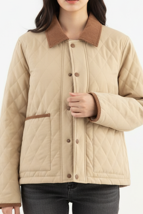 Beige quilted cropped coat with corduroy collar by Lumina Vancouver, featuring a stylish and cozy design.
