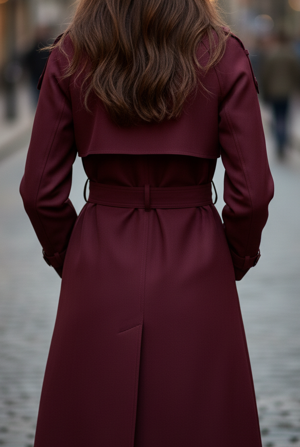 Lumina Vancouver Elena Rouge double-breasted belted trench coat in burgundy, showing front view with lapels and waist belt.