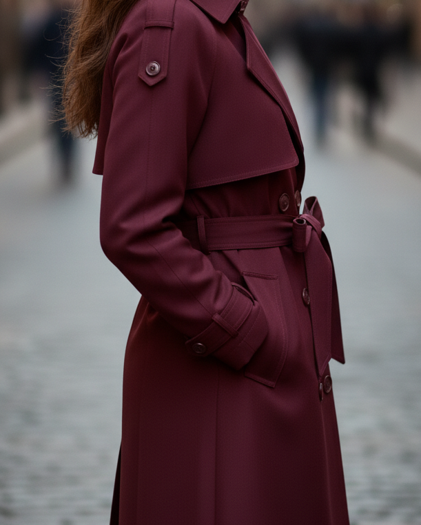 Lumina Wear Elena Rouge double-breasted belted trench coat in rich burgundy, shown on model with classic collar and waist belt.