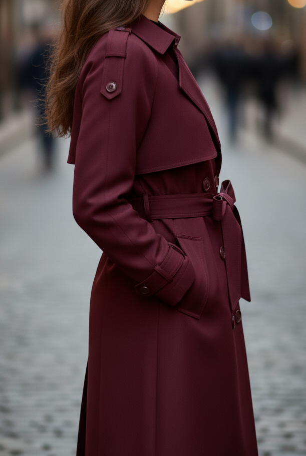 Lumina Vancouver Elena Rouge double-breasted belted trench coat in burgundy, stylish and tailored for a polished look.