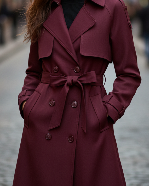 Lumina Wear Elena Rouge double-breasted belted trench coat in burgundy, stylish and tailored for a sophisticated look.