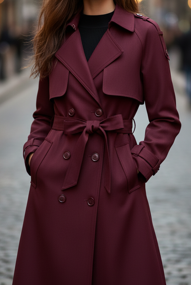 Lumina Vancouver Elena Rouge double-breasted belted trench coat in burgundy, stylish coat with lapels and waist belt.