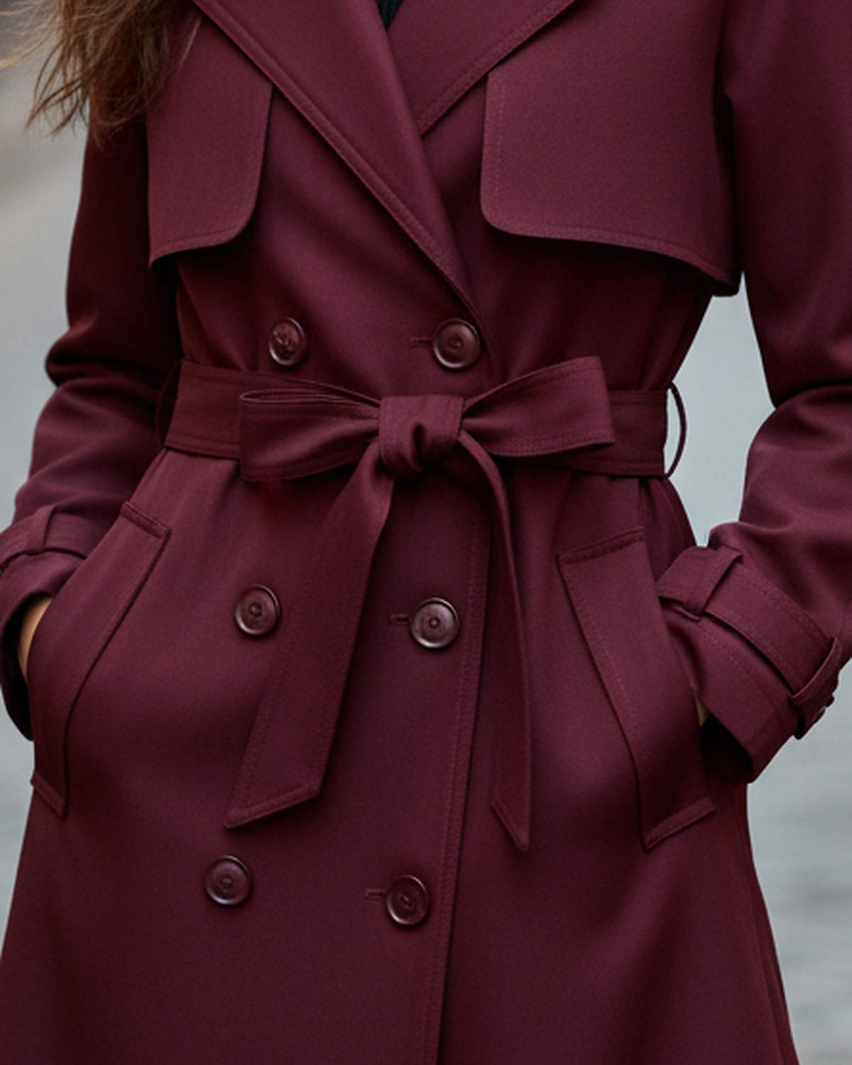 Lumina Wear Elena Rouge double-breasted belted trench coat in burgundy, featuring a classic design and stylish belt detail.