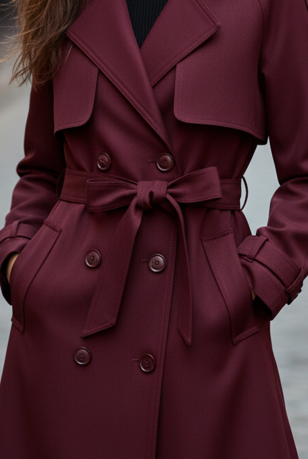 Lumina Vancouver Elena Rouge double-breasted belted trench coat in burgundy, showcasing classic collar and stylish belt detail.