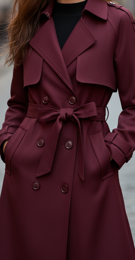 Lumina Vancouver Elena Rouge double-breasted belted trench coat in burgundy, showcasing classic collar and stylish belt detail.