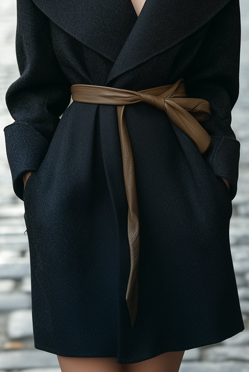 Black Lumina Vancouver Tabitha shawl-collar wrap coat with faux leather belt, featuring a stylish and cozy design.